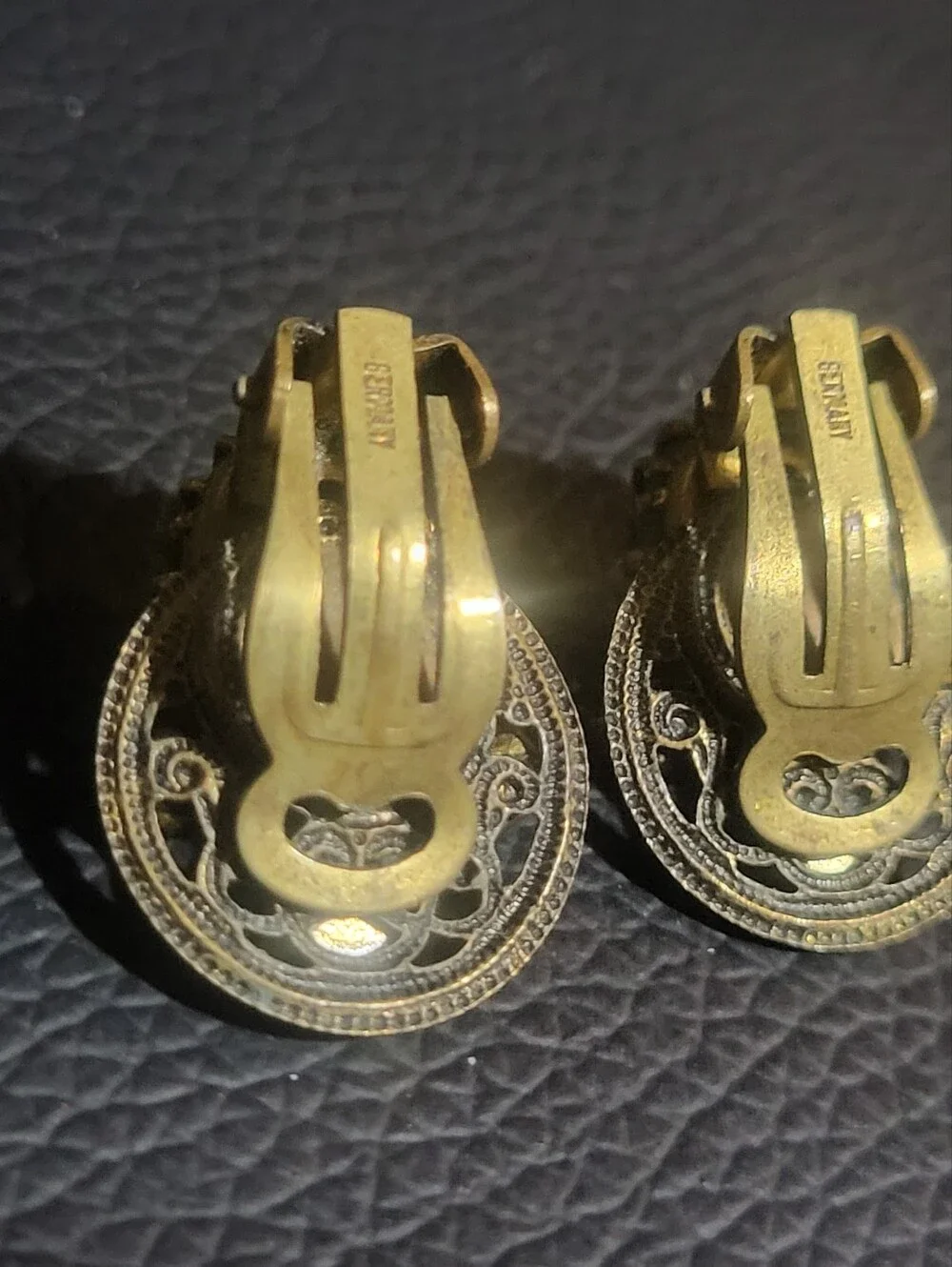 Vintage Germany Green Glass Cabochon Filigree ClipOn Earrings Mid Century Modern